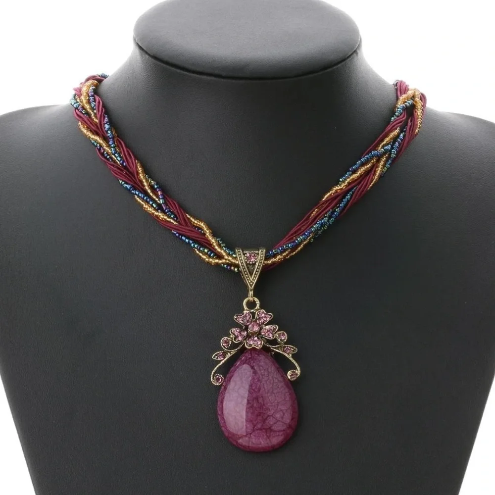 Witchy Boho Purple Stone Charm Braided Layer Drop Pendant Necklace